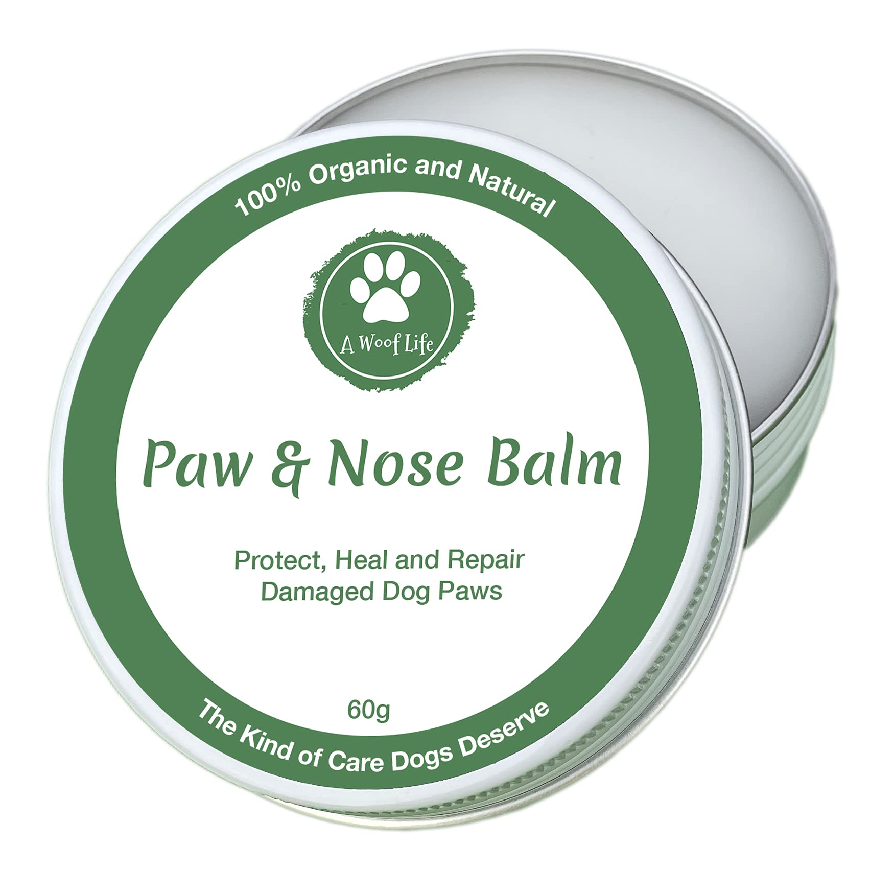 A WOOF LIFE Paw Balm For Dogs. 100% Organic & Natural protector for dry damaged ed paws & nose. The natural oils are a perfect dog paw balm. A happy nose balm and paw wax all in one. 60g / 2oz.