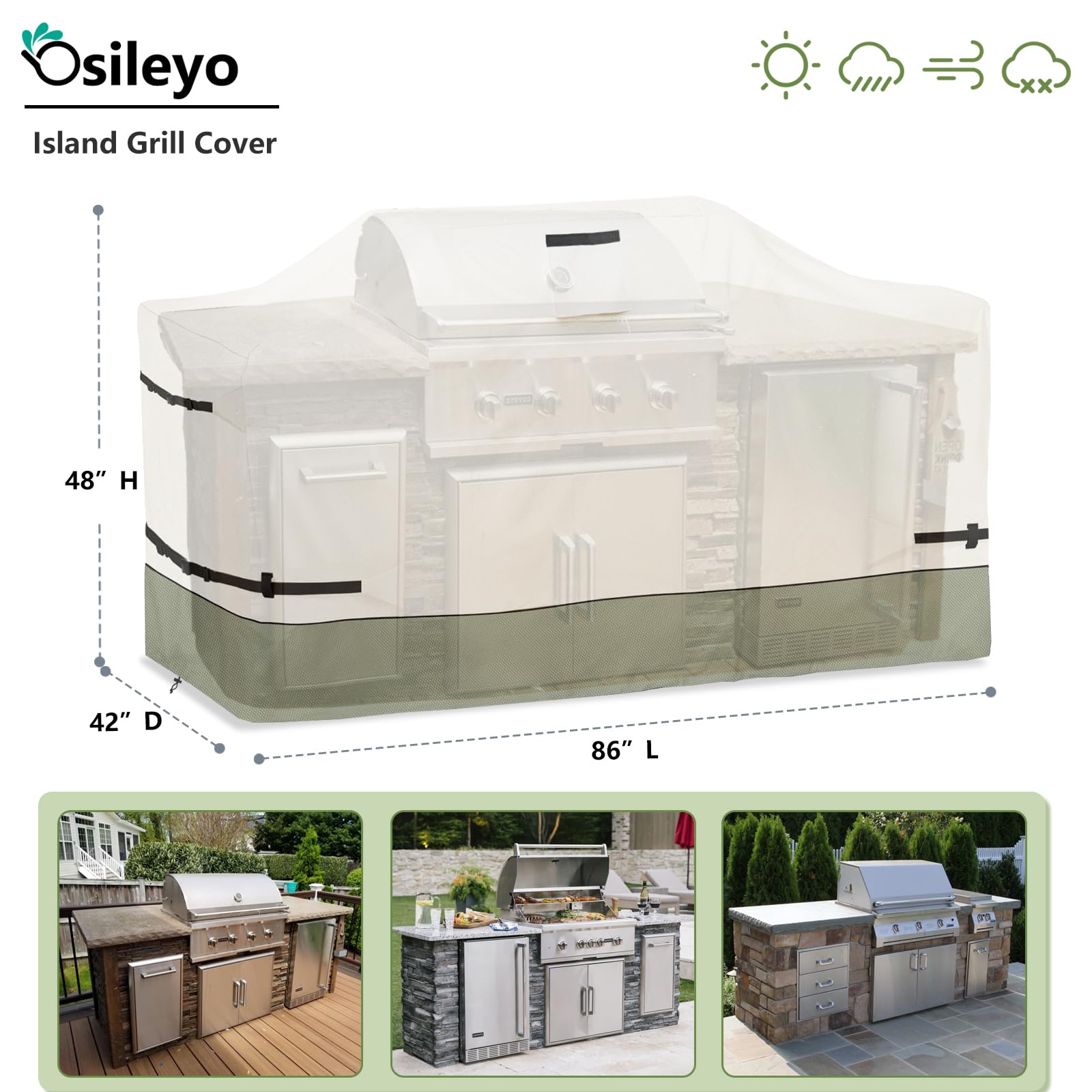 213,4 cm (86 Zoll) Inselgrill-Abdeckung, schwer, 600D, wasserdicht, Allwetterschutz, Outdoor-Abdeckung, Beige und Graugrün