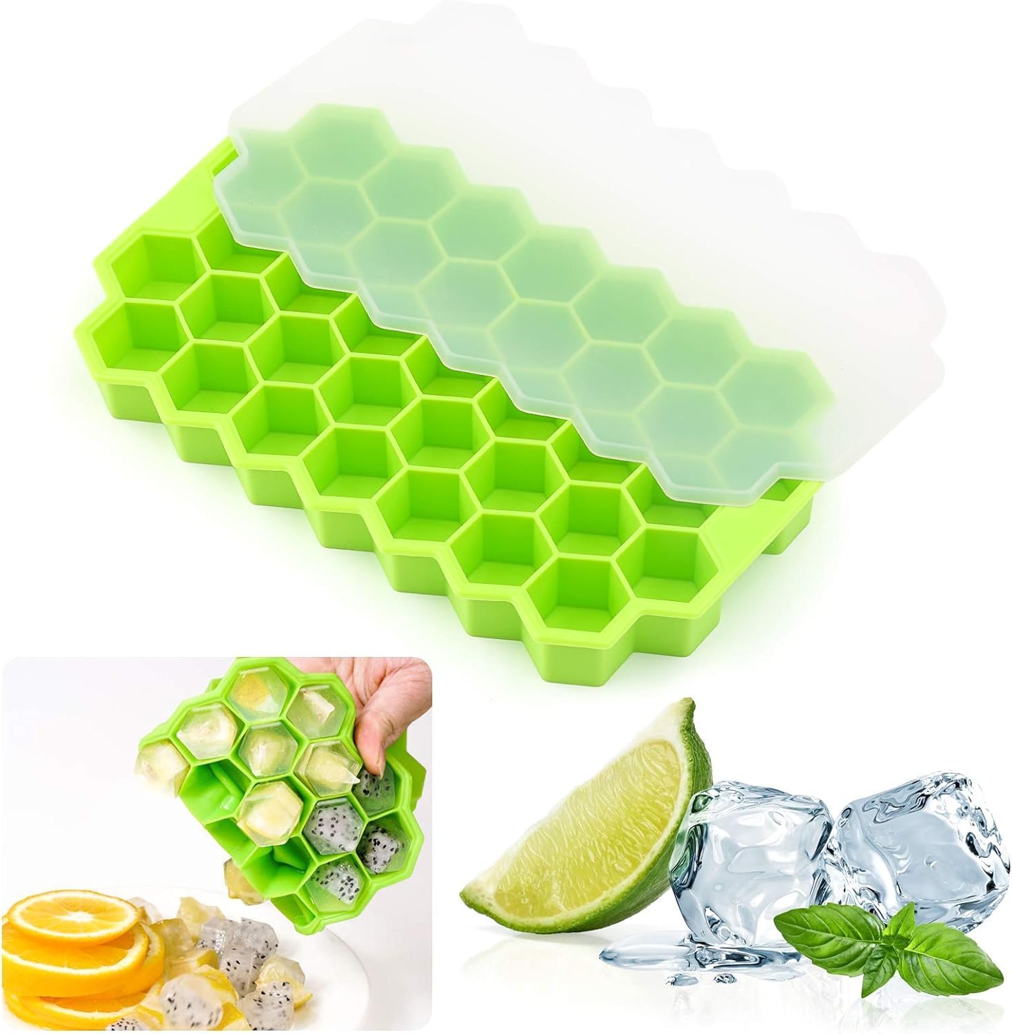 Nirency Ice Tray for Freezer, Silicon ice Cube Tray, Fridge Ice Tray with Lid, Flexible Silicon Ice Tray, Honeycomb Shape, 37 Cavities Ice Tray (Multicolor) | Pack of (1)