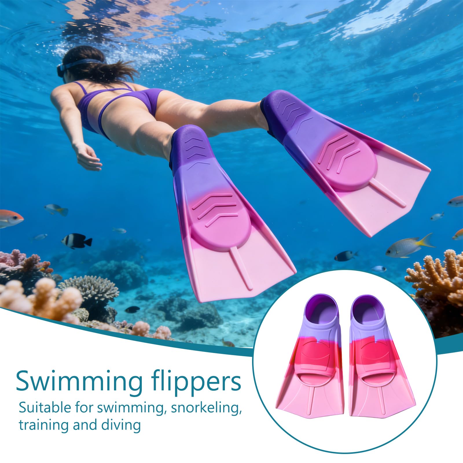 Aletas de natación, aletas cortas de silicona, aletas de buceo, aletas de arco iris, aletas cortas de entrenamiento, aletas cortas para entrenamiento de natación, esnórquel, buceo para principiantes