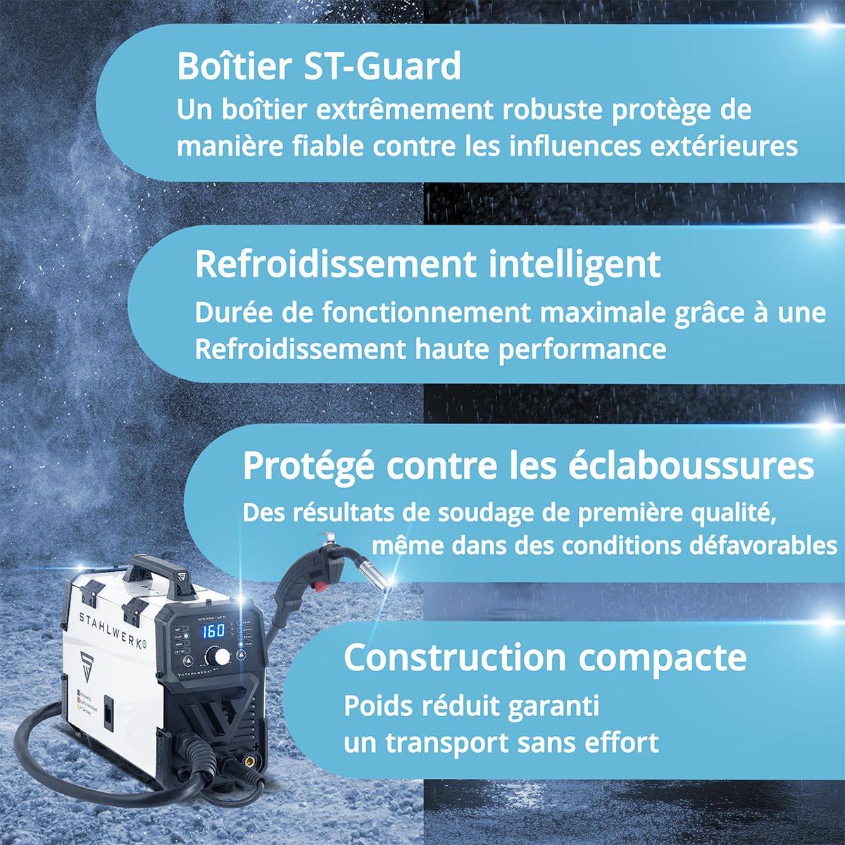STAHLWERK Poste à Souder MIG/MAG 160 M – Kit complet – Onduleur Combiné 5-en-1 Compact de 160 A pour FLUX (Fil Fourré), MMA (ARC) & Lift-TIG (DC), Seulement 6,8 kg, Hotstart et Anti-Stick