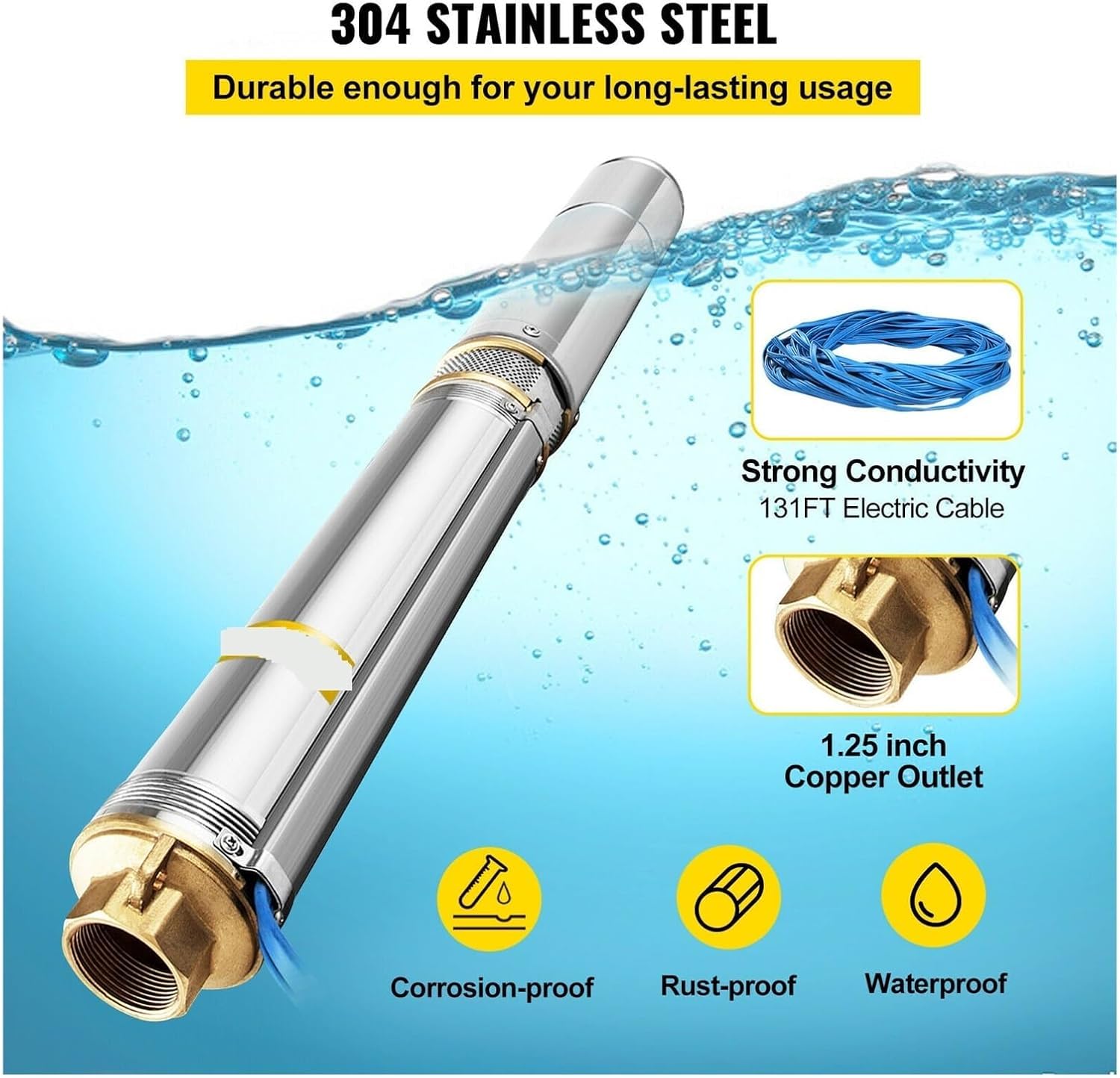 Pomba Sommergibile VEVOR Per Pozzi Profondi - 550W, Portata 100 L/min, Prevalenza 53m, Cavo 20m, Acciaio Inox IP68