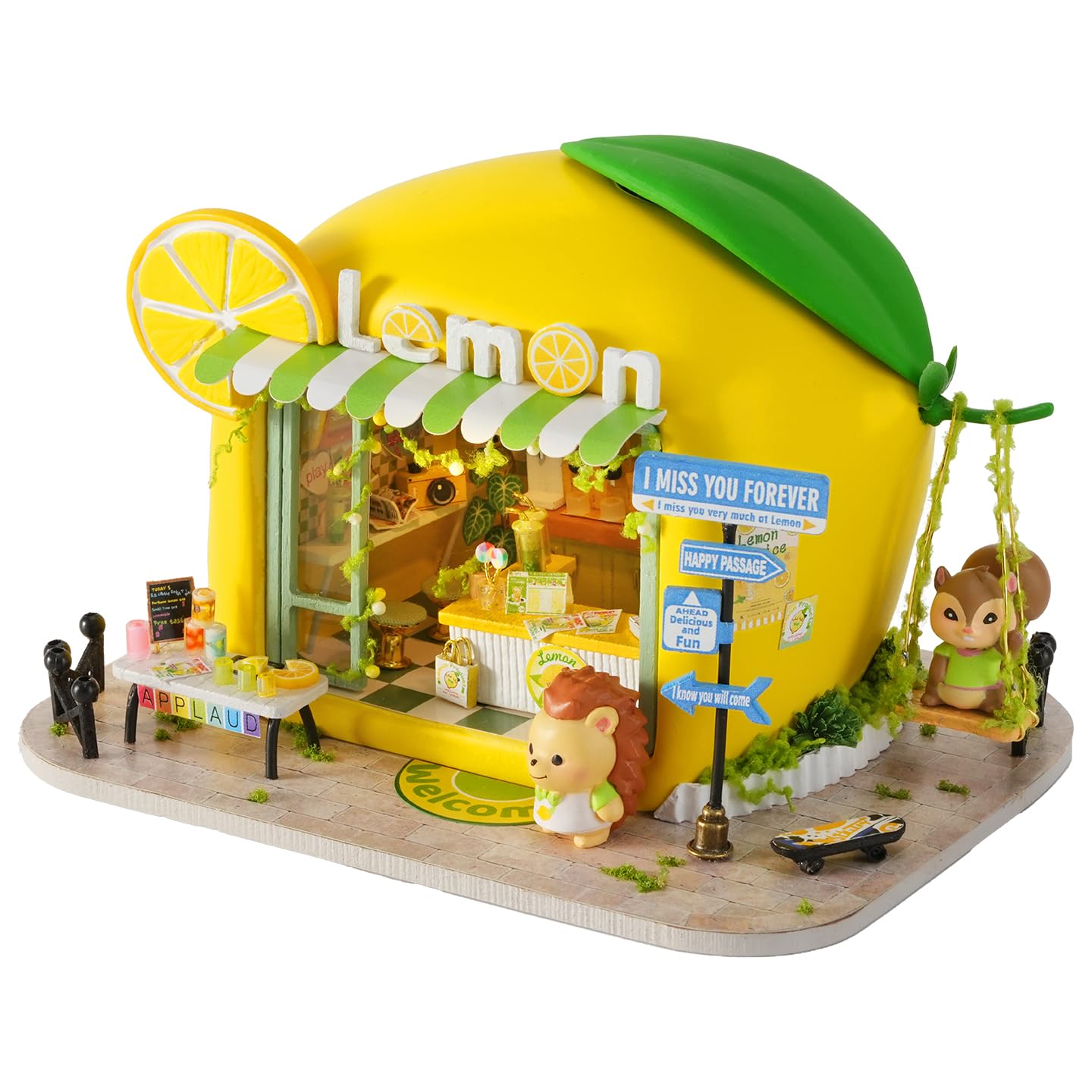 Dolls House Lemon Juice Shop, DIY Miniature House Kits with LED Lights for 14+ Teens & Adults, 1:72 Scale Mini Wooden Dollhouse Building kit, Beginner Friendly Creative Gift(10.3x7.6x6.3cm)