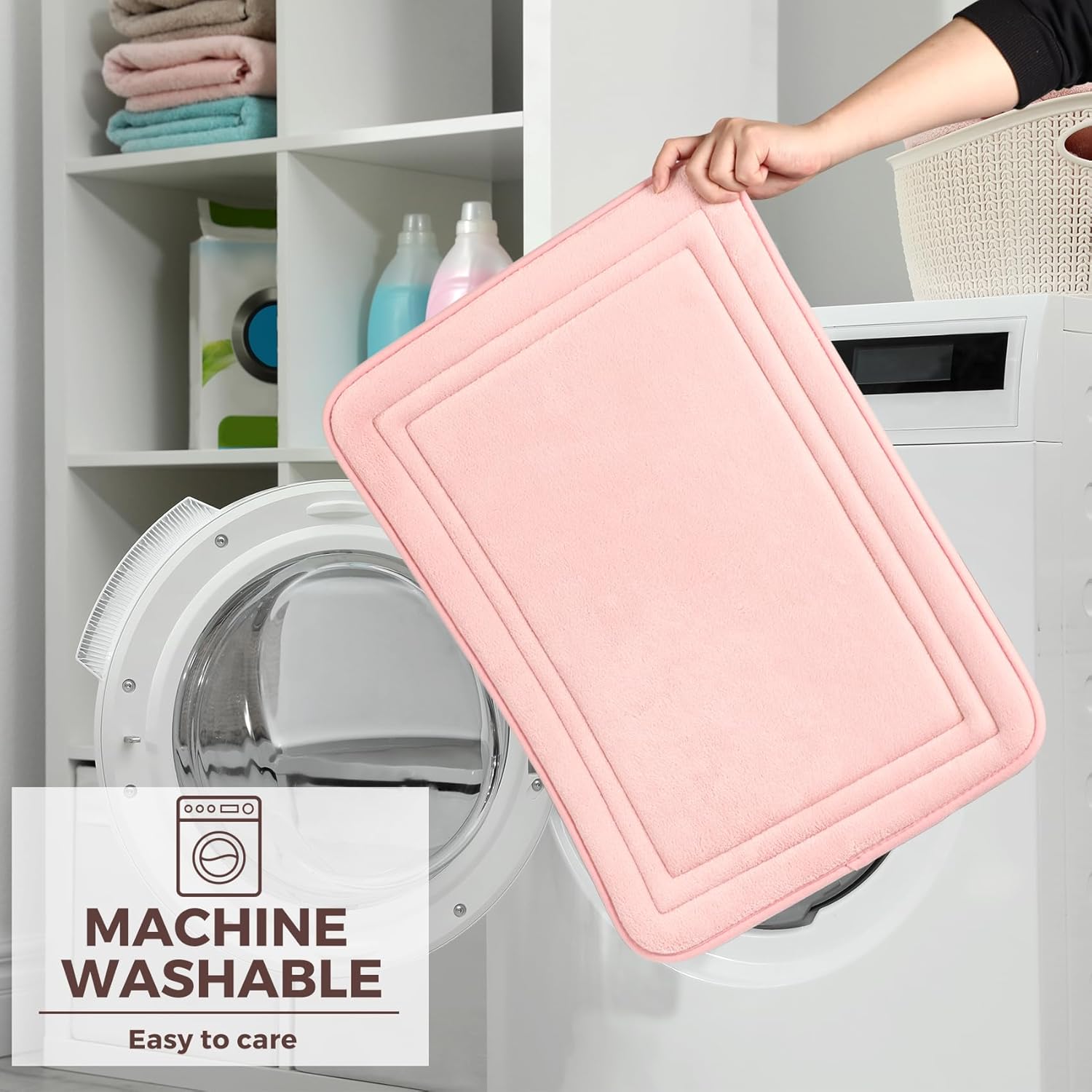 Pink Bathroom Rug Set of 2 Memory Foam Bath Mat and U-Shaped Contour Toilet Rug Non Slip Washable Floor Mats Soft Absorbent Plush Microfiber Shower Tub Bathrug Blush,24"x17"+24"x20" - Image 6