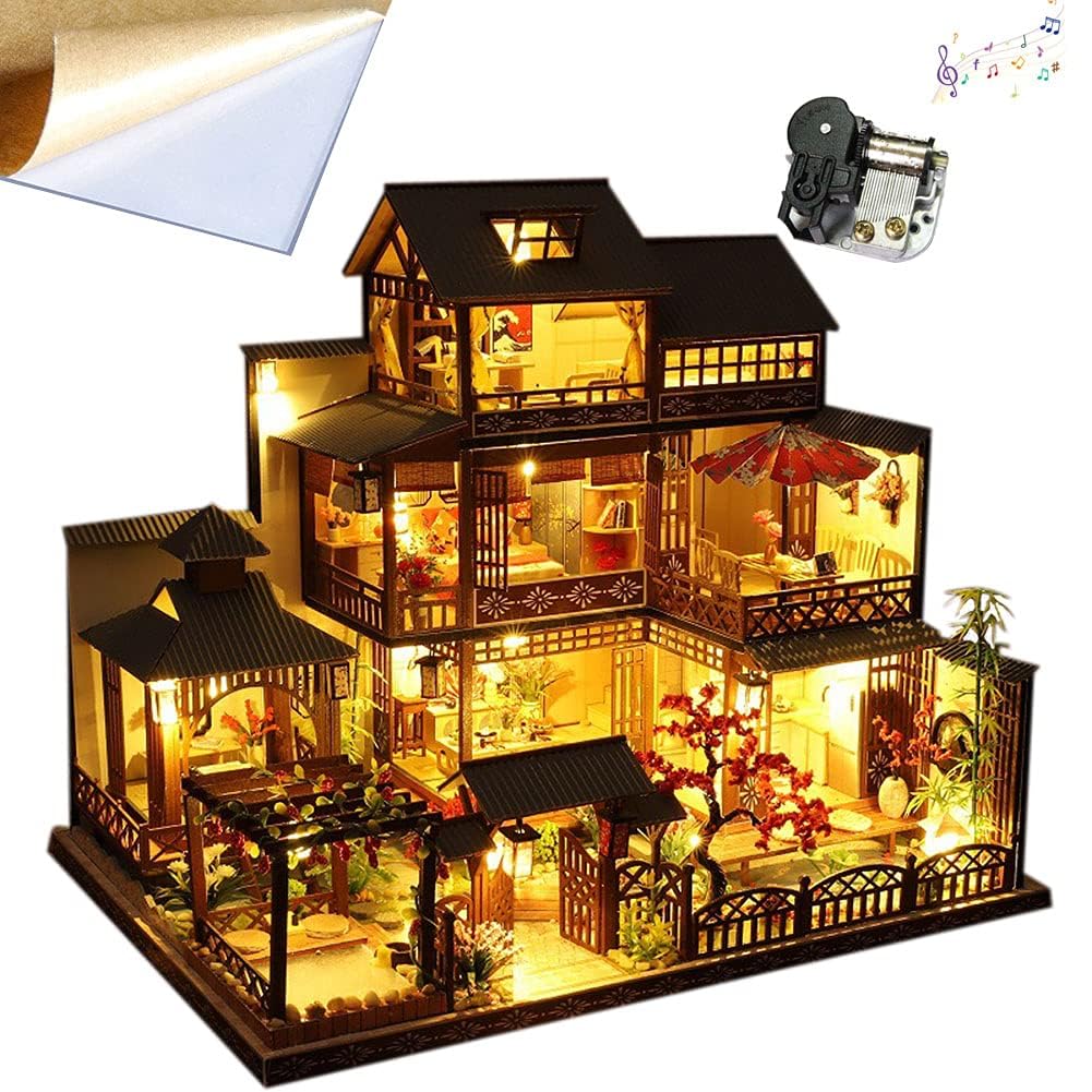 DIY Japanische Villa Szene Architekturmodell Kirschblüten Garten montiert Spielzeug Haus Musikhaus Kit mit Staubschutz 3D Puppenhaus Kreatives Geschenk