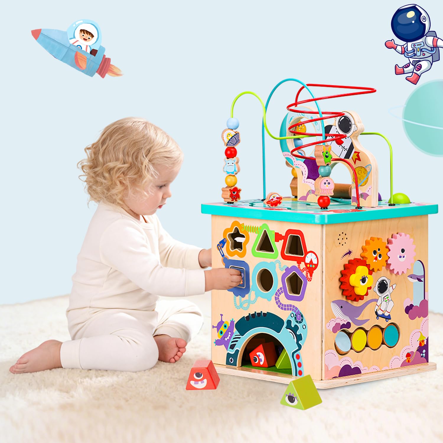 Udeas Pre-Assembled 9 in 1 Wooden Activity Cube. Educational Learning Toy for Kids with Bead Maze, Shape Sorter and Music Gears and More. for Toddlers
