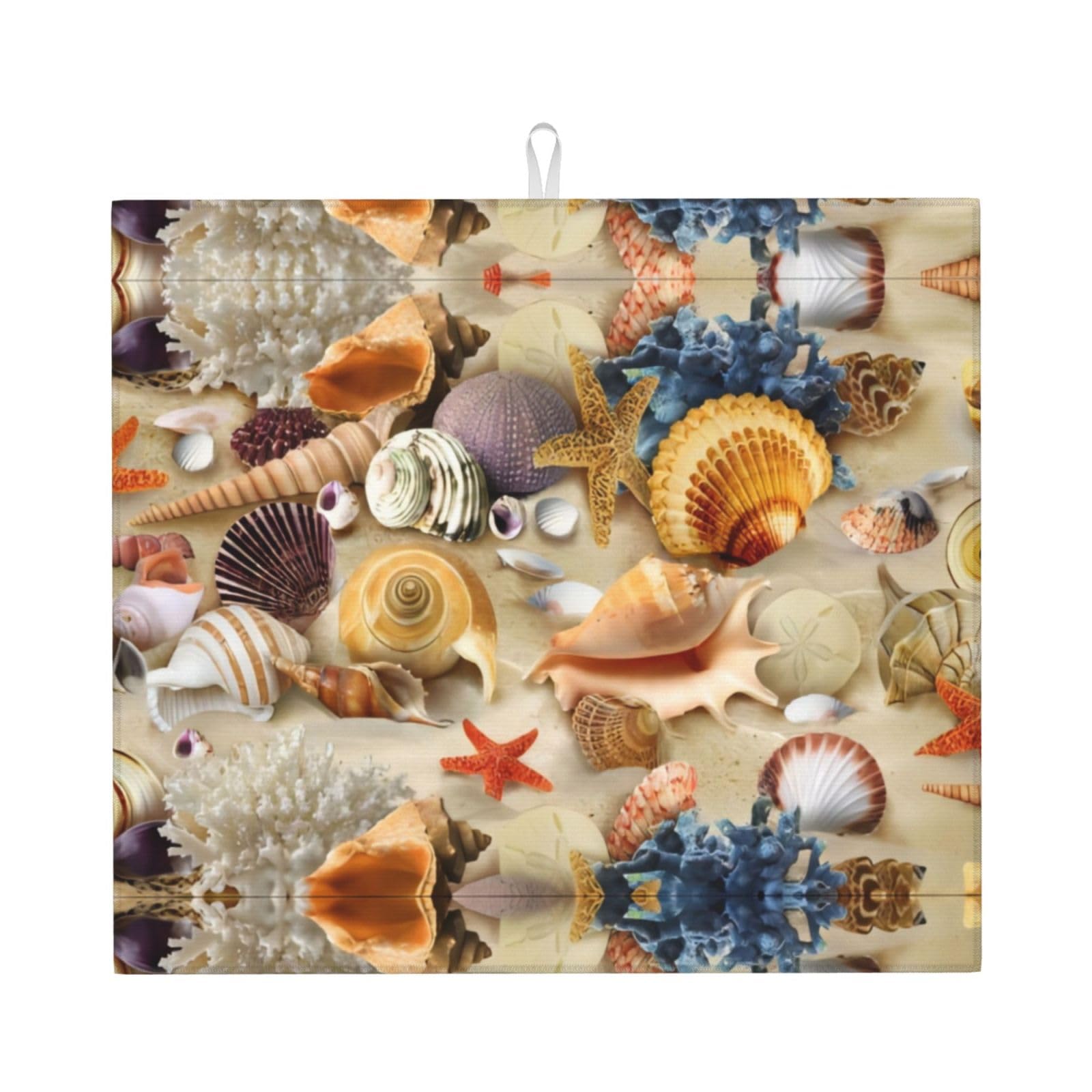 WHJSHOP Starfish Seashell Sandy Beach Theme Prints Kitchen Drying Mat – Absorbent Dish Throw for Countertops, Quick-Dry Non-Slip Layer with Colorful Prints, Ideal Housewarming Gift