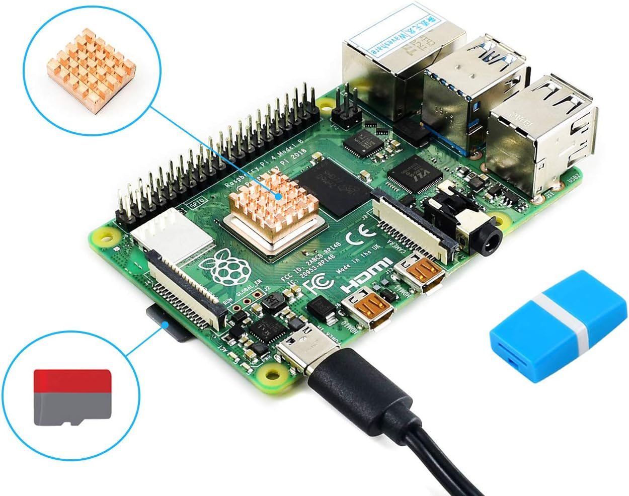 Waveshare Starter Kit Compatible with Raspberry Pi 4 Model B Bundle with PI4B-8GB 16GB Micro Card 5V Type-C Power Adapter and Accessories(5 Items)