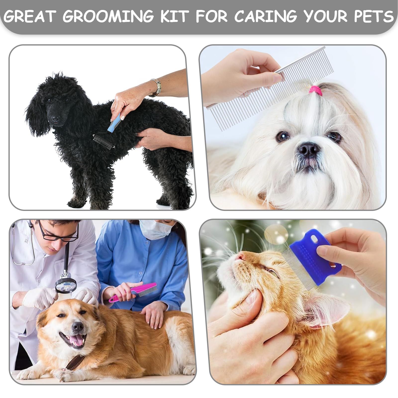 Paquete de 7 cepillos de aseo para mascotas, cepillo de doble cara para desenredar perros, rastrillo para perros y gatos, con peine de metal, peine de pulgas, peine de nudo abierto, peine de dientes