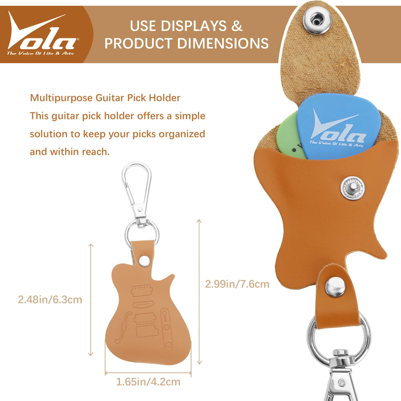 Vola Guitar Picks Holder Case Leather Guitar Pick Holder Keychain Plectrum Case Bag Picks Storage, Brown - Image 3