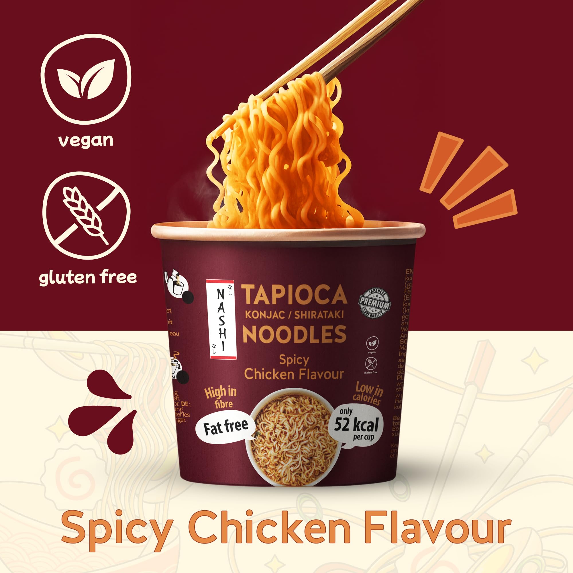 Nashi Tapioca Konjac Shirataki Noodles | Pollo Piccante (6x150g) | Senza Glutine & Grassi | Solo 52 kcal, Ricco di Fibre | Pronto da Mangiare | Alternativa Sana per Dieta Keto e Low Calorie