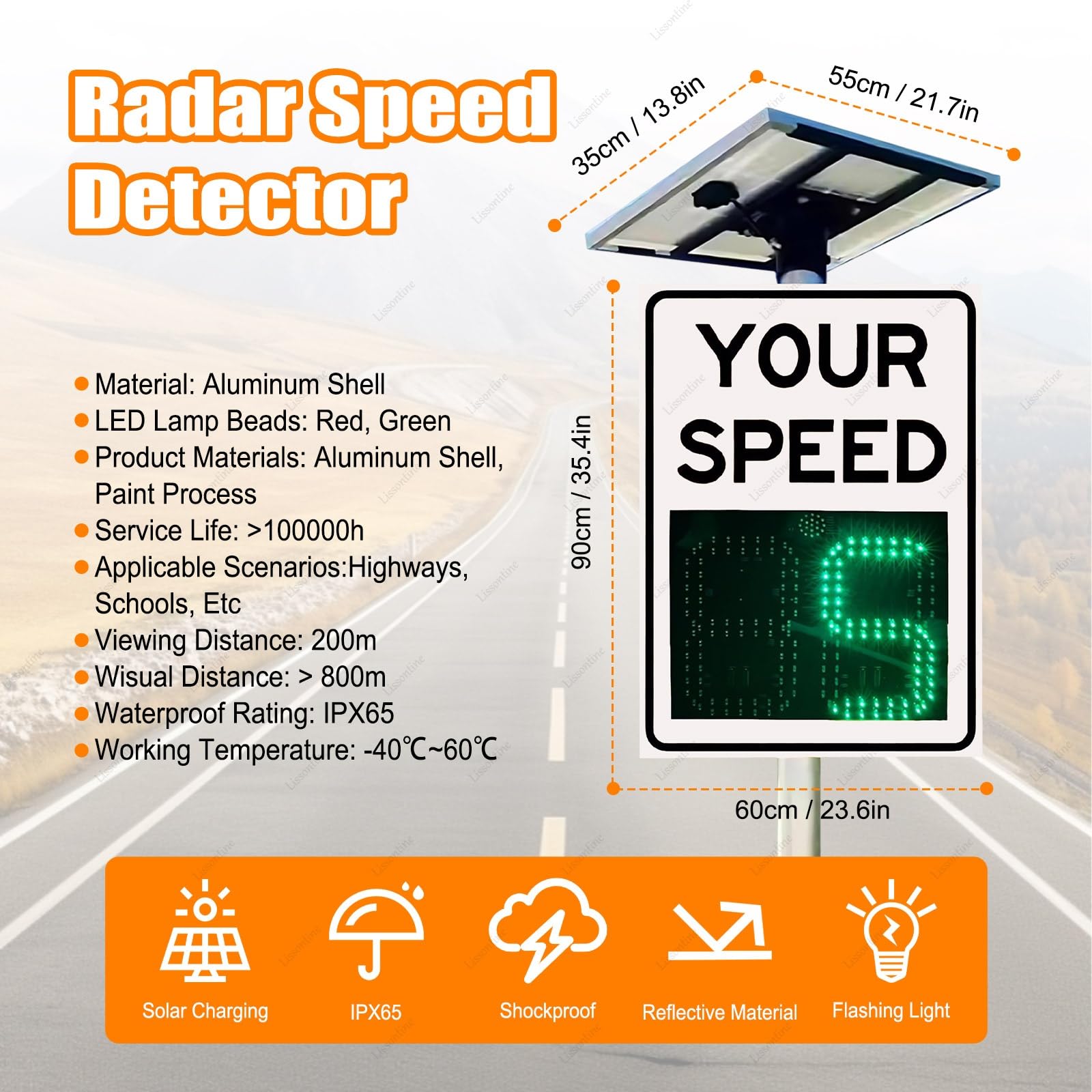 Tablero detector de velocidad digital, señal de tráfico LED solar, pantalla de radar de adjustment remoto, seguridad de zona residencial y escolar, resistencia al agua IP65, batería de ampia duración