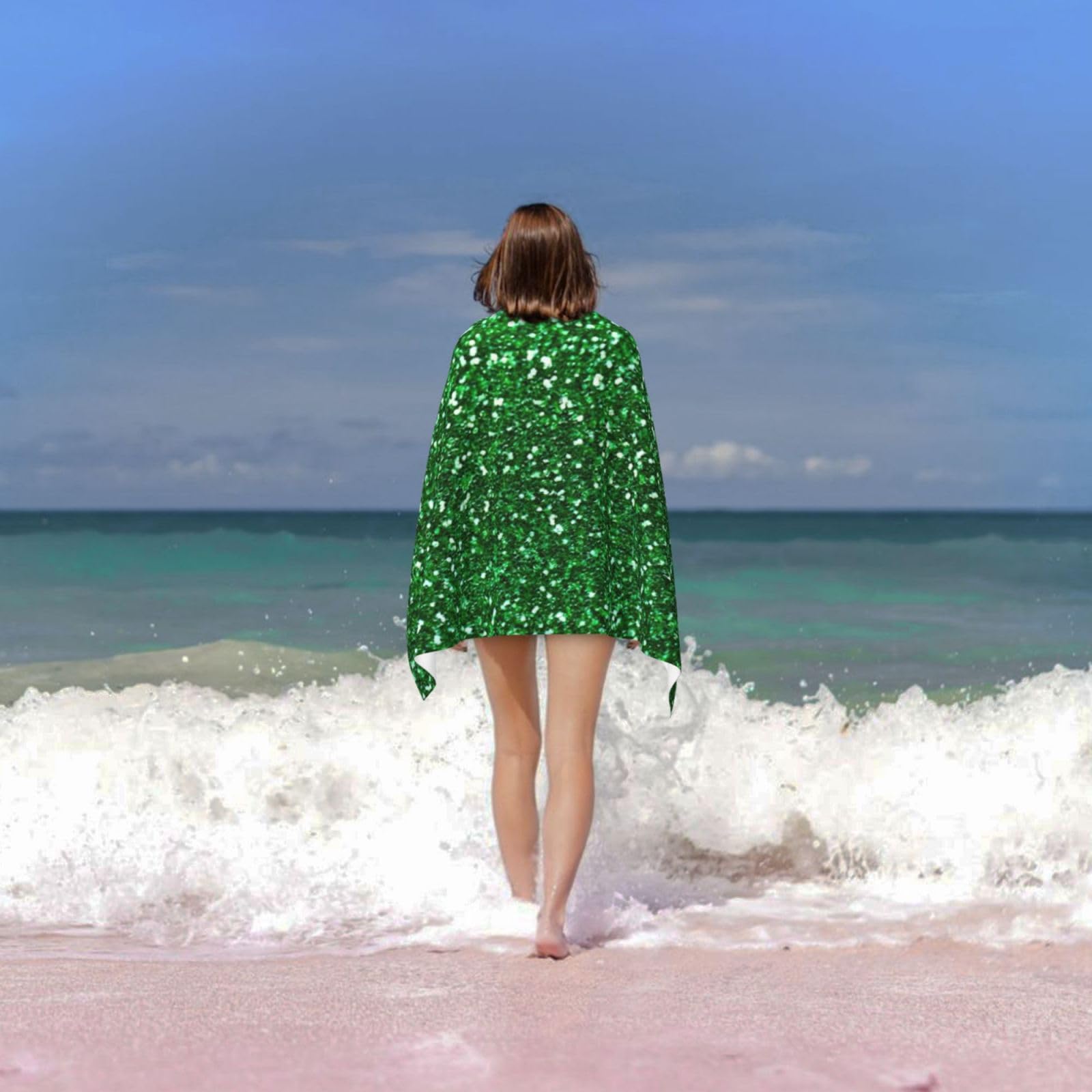 Serviettes de plage vertes à paillettes pour adultes, séchage rapide, douces, légères, pour salle de sport, piscine, hôtel, extérieur