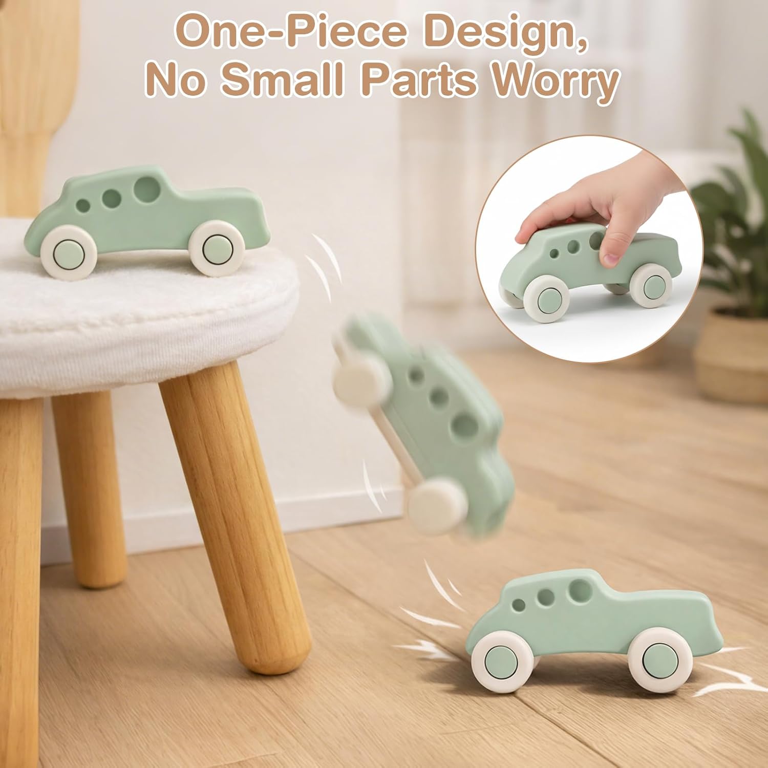Vanplay Silicone Baby Car Toys with Storage Box - Soft Teething Toys for Babies 6-12 Months, One-Piece Design Push & Pull Baby Toys for Toddlers, Birthday Gifts for Boys Girls（4 PCS）