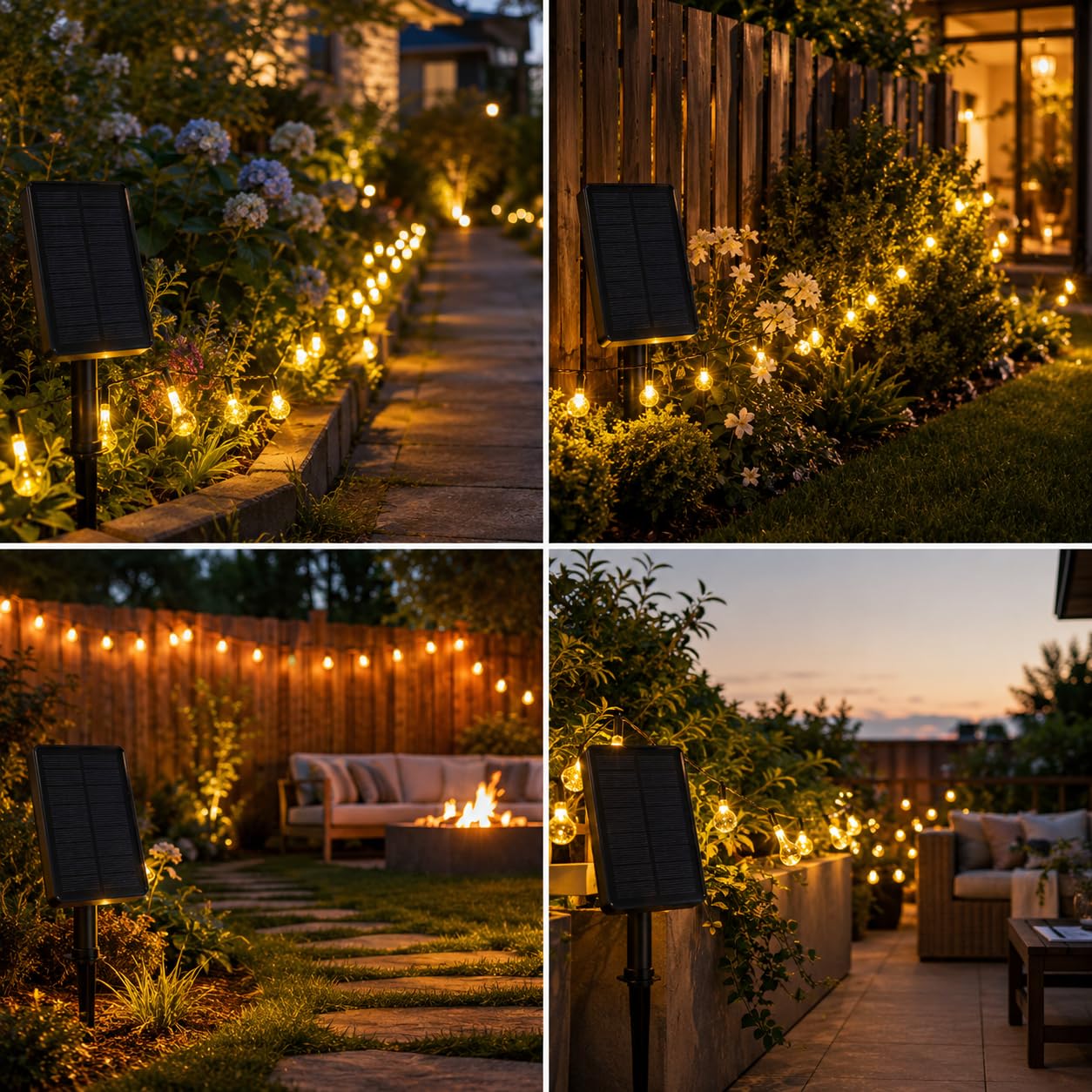 Guirnalda de luces solares de 12 m para exteriores, valla de jardín, cálida, RGB CC, carga negra