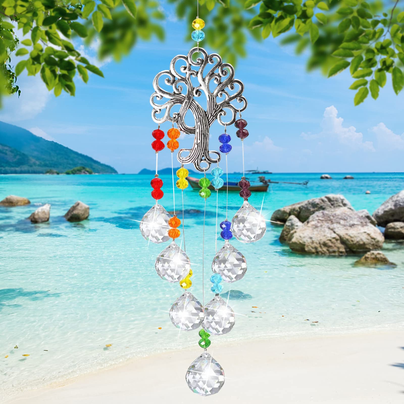 Hangend kristal, 1 stuk kristalglas en ijzeren levensboom zonnevangers voor ramen, regenboog reflectie, kleurrijke levensboom hanger hangend prisma ornament, ronde vorm, voor decoratie (kleurrijk