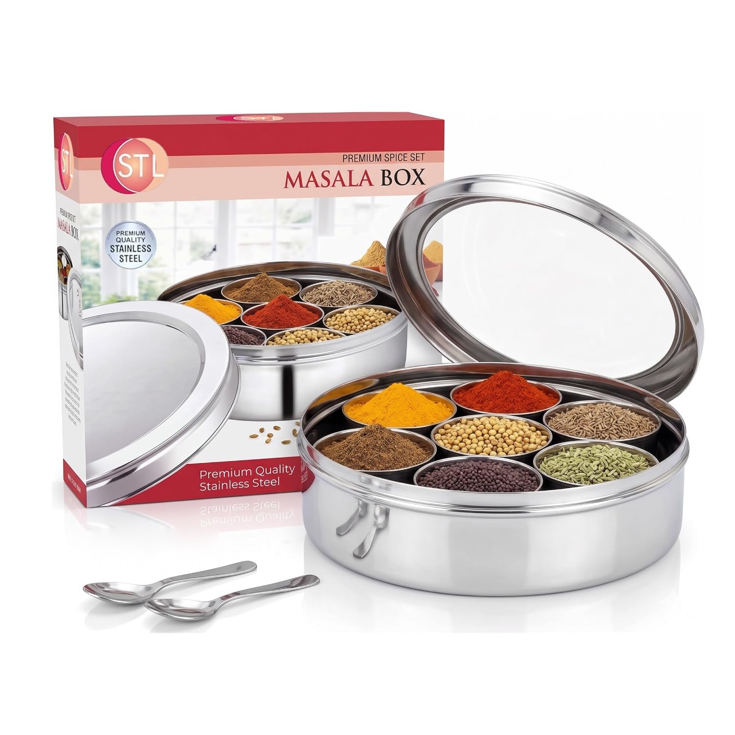 STL Masala Dabba (Spice Box) | Authentic Indian Style Stainless Steel Masala Dabba | with 7 Removable Compartments & 2 Spoons | See through Lid | (20cm)