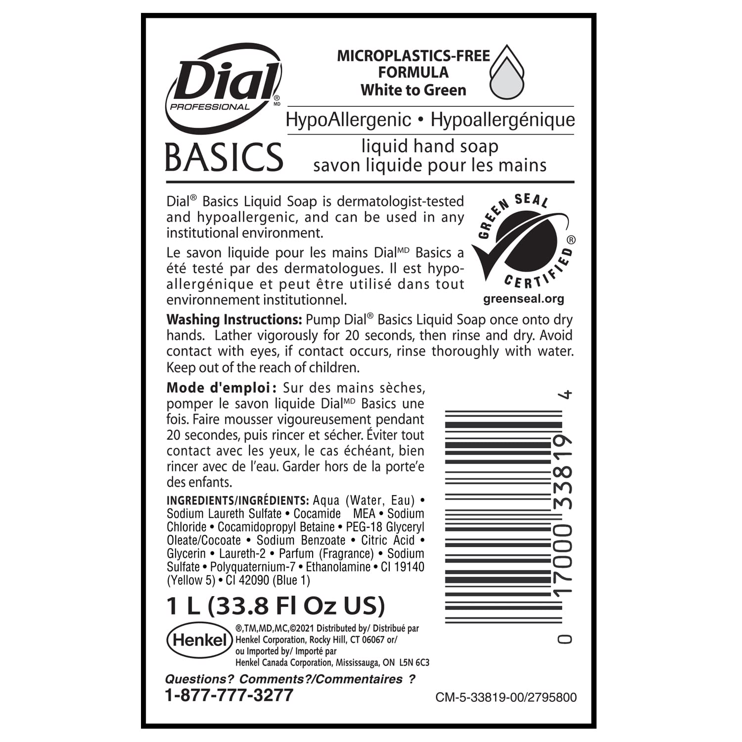 Dial Professional Basics Hypoallergenic Liquid Hand Soap, Green Seal Certified, 1L Cartridge Dispenser Refill Bottle (Pack of 8)