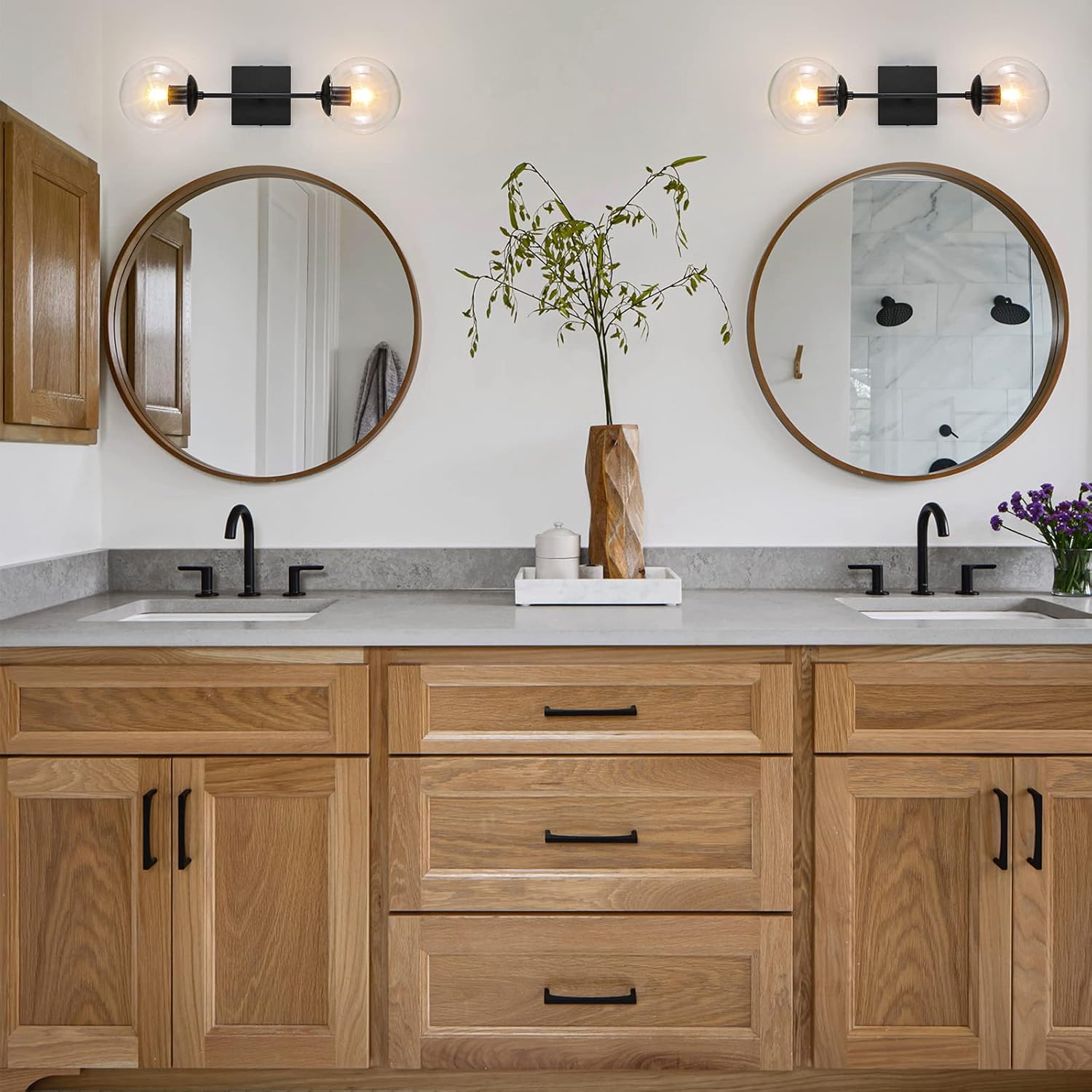 Wall Sconces Black, 2-Lights Mid Century Modern Bathroom Vanity Lights with Clear Glass Globe Shades Industrial Wall Light Fixtures for Bathroom Bedroom