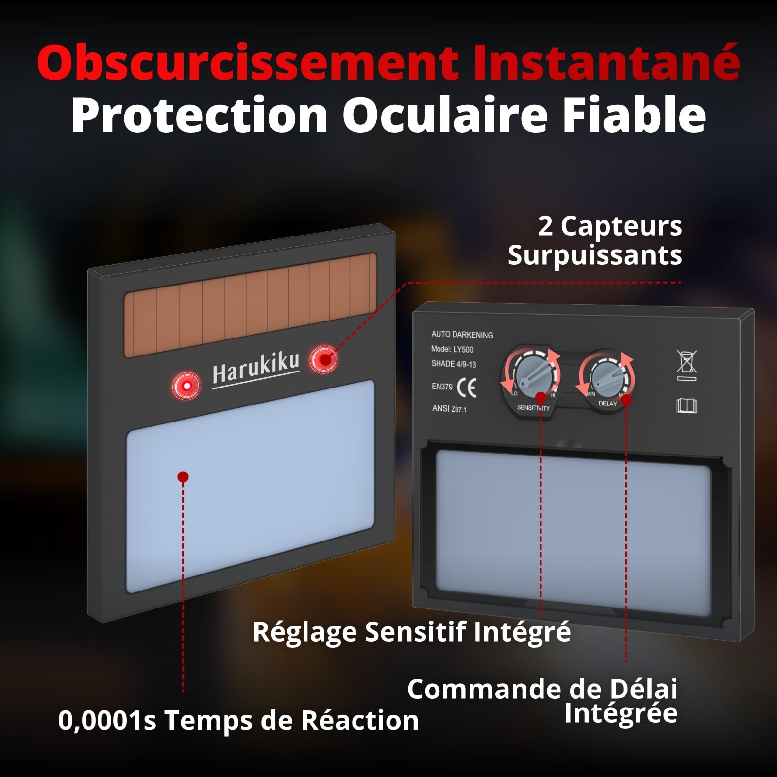 Casque de Soudure Automatique Harukiku Masque de Soudure à Obscurcissement Automatique DIN4-9/13 Classe 1/1/1/1 Vision Réelle des Couleurs Double Alimentation Solaire et Batterie