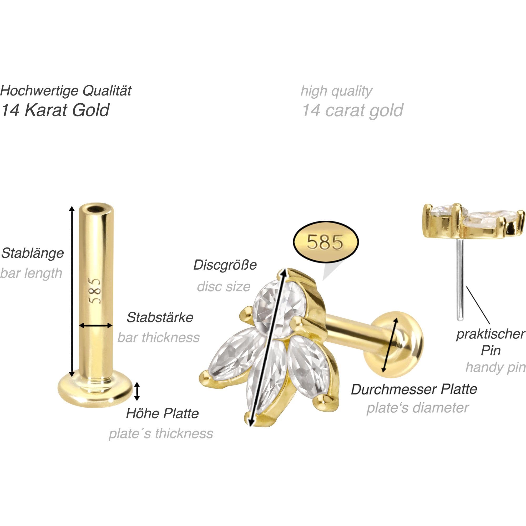 PIERCINGLINE Piercing Stecker 14 Gold Labret mit Push Fit MOISSANIT-LOTUSBLÜTE 585er Gold - Roségoldfarben, Goldfarben, Silberfarben