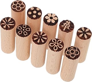 10個手工彫刻花柄木製スタンプ 粘土 陶芸用エンボス加工 刻印印章 クラフト スクラップブッキング用木彫りシール