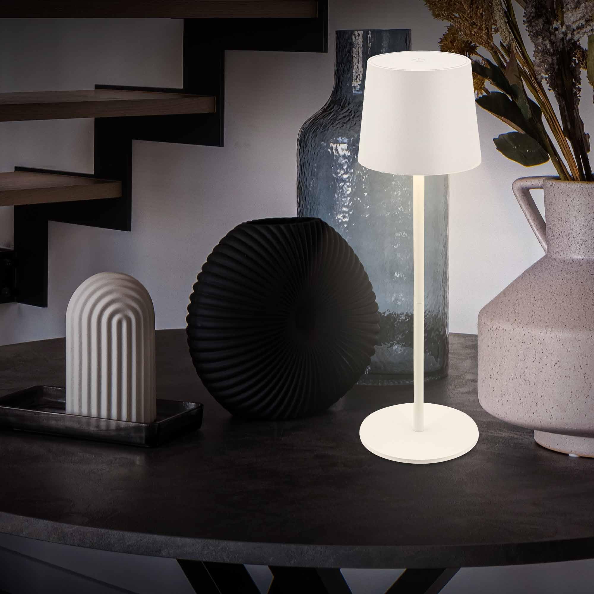 BRILONER - Lámpara de mesa LED inalámbrica IP44 con sensor táctil, regulable, batería y fuente de luz intercambiable, lámpara de mesita de noche, lámpara de lectura, camping, 11x33cm, blanco antiguo