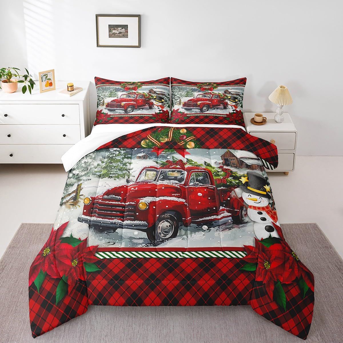 Homewish Christmas Truck Comforter Set Queen Size Kids Girls Boys Red Plaid Decor Pine Tree Bedding Set 3pcs Winter Snow View Quilt Set Happy New Year Gifts Duvet Insert with 2 Pillowcases