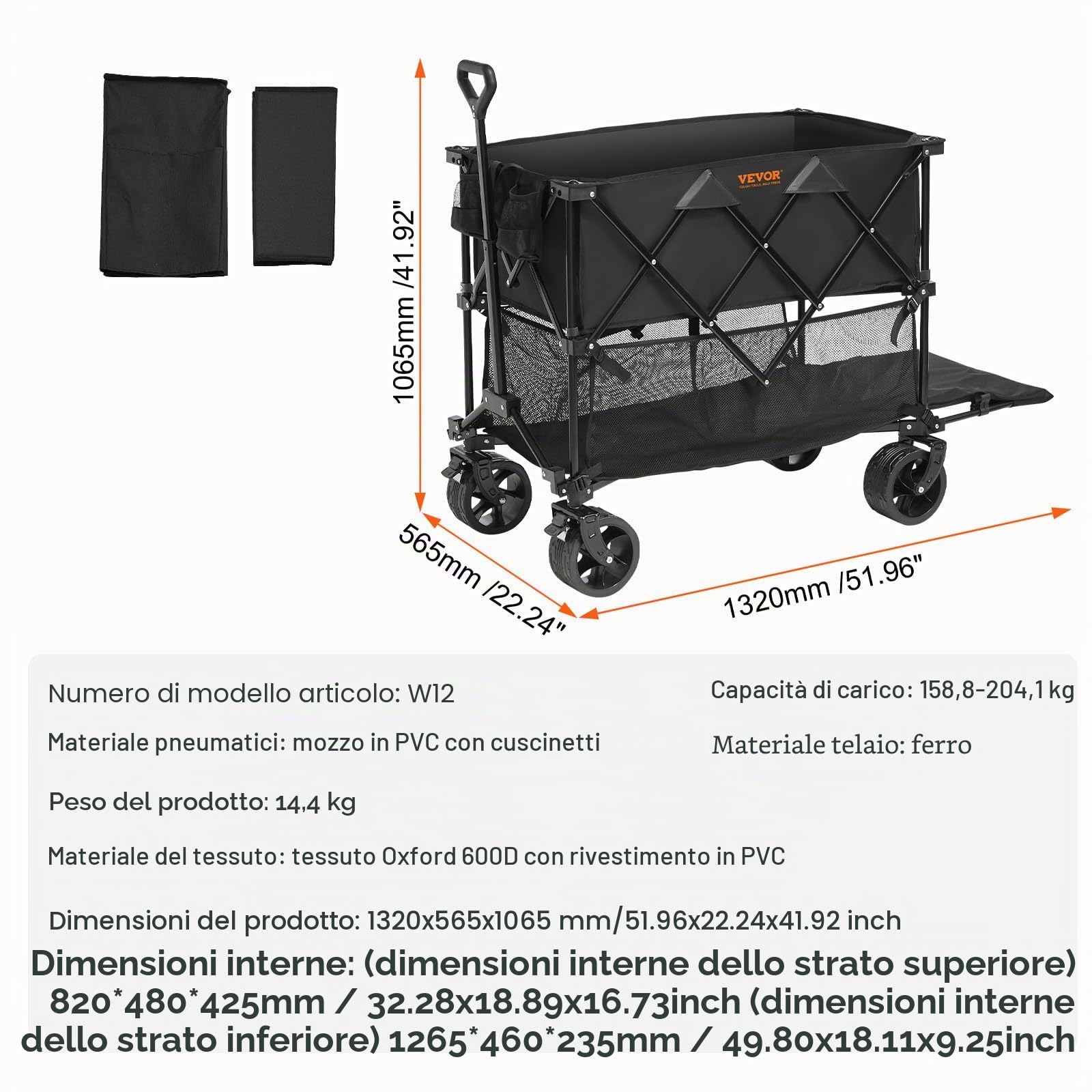 VEVOR Carro Pieghevole a Doppio Strato Capacità di Peso 350-450 Libbre, Carrello Portaoggetti in Tessuto Leggero Pieghevole con Rotelle, Trasportabile per Pesca Campeggio Shopping Giardino Picnic