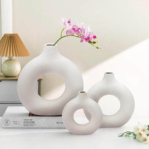 Miniatura 4 de White Ceramic Vase - Modern Vase for Minimalist Decor, Hollow Round Matte Pampas Flower Vases for Boho Home Wedding Party Room Dinner Table Shelf