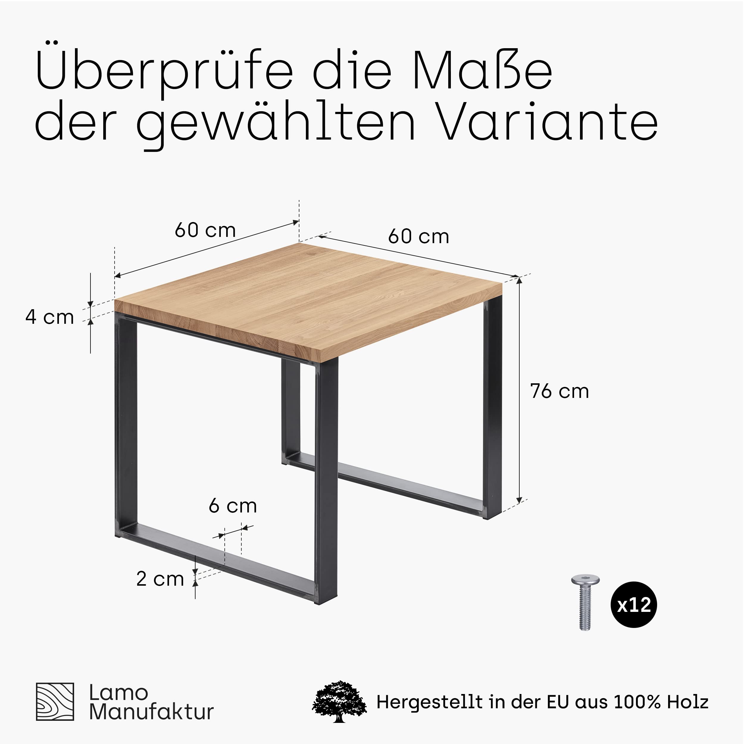 LAMO Manufaktur tavolino in legno con bordo dritto, tavolino da caffe, tavolo da cucina 60x60x76 cm (LxWxH), Modern, Frassino Naturale/acciaio grezzo laccato, LBG-01-A-002-0000M
