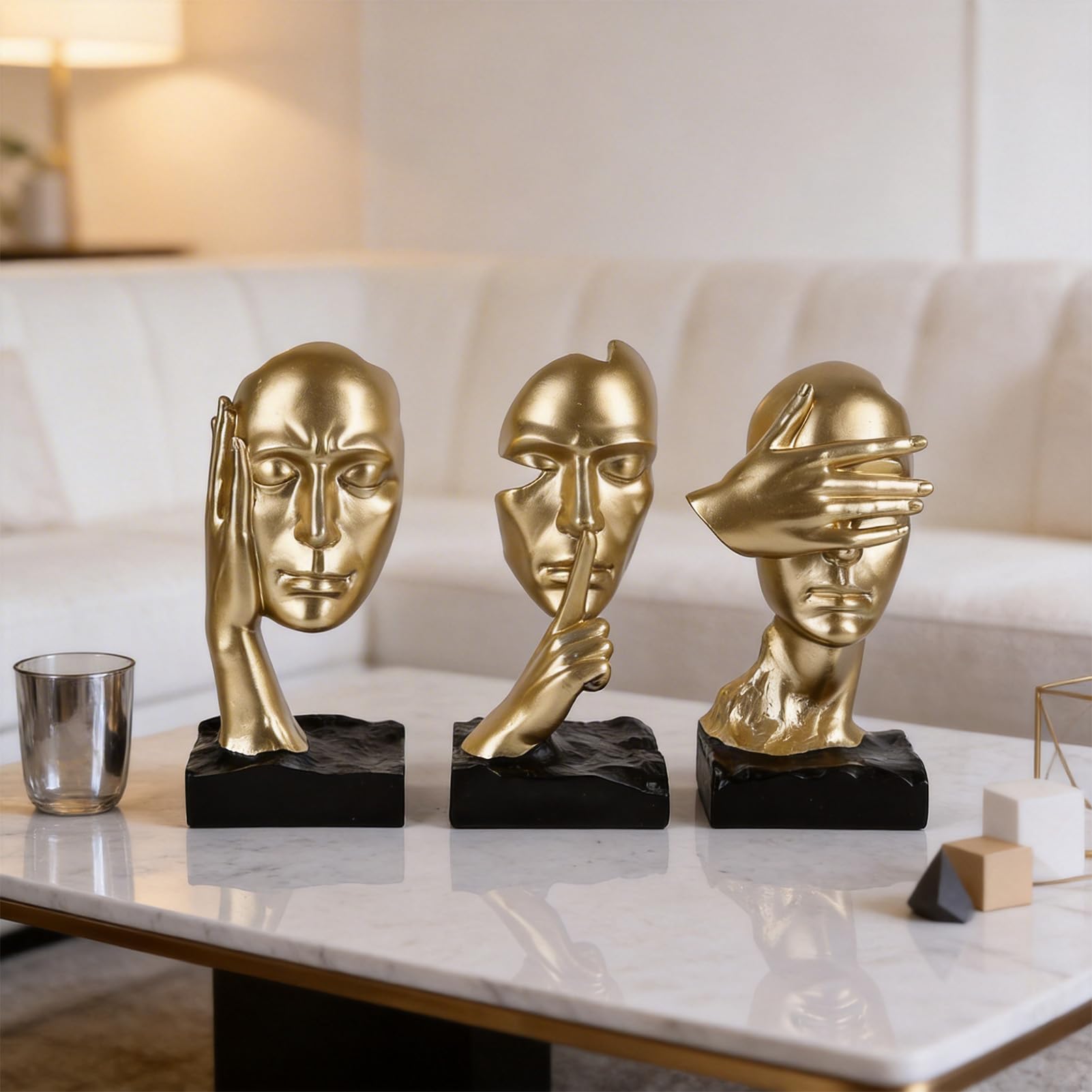 Set di 3 statue del pensatore con scritta in inglese "See No Evil Hear No Evil Speak No Evil, No Evil, No Evil, Scultura astratta, in resina, decorazione per casa, ufficio, soggiorno, mensola