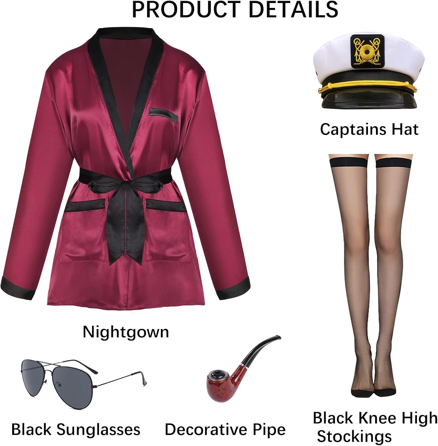 Women Red Silk Robe jacket and Black Pants, Hugh Hefner Captain Costume Set Including Captain Hat Glasses