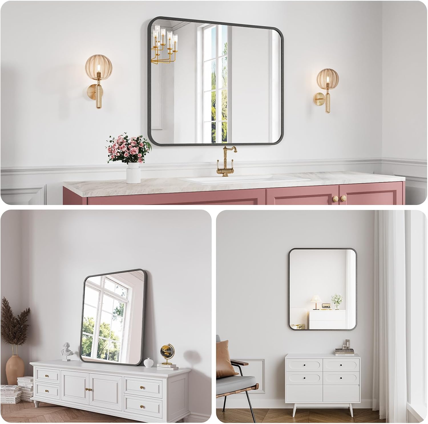 Koonmi Bathroom Mirror, 30X36 Inch Black Metal Framed Mirror for Bathroom, Tempered Glass, Anti-Rust, Rounded Rectangle Mirror for Restroom, Bedroom, Black - Image 4