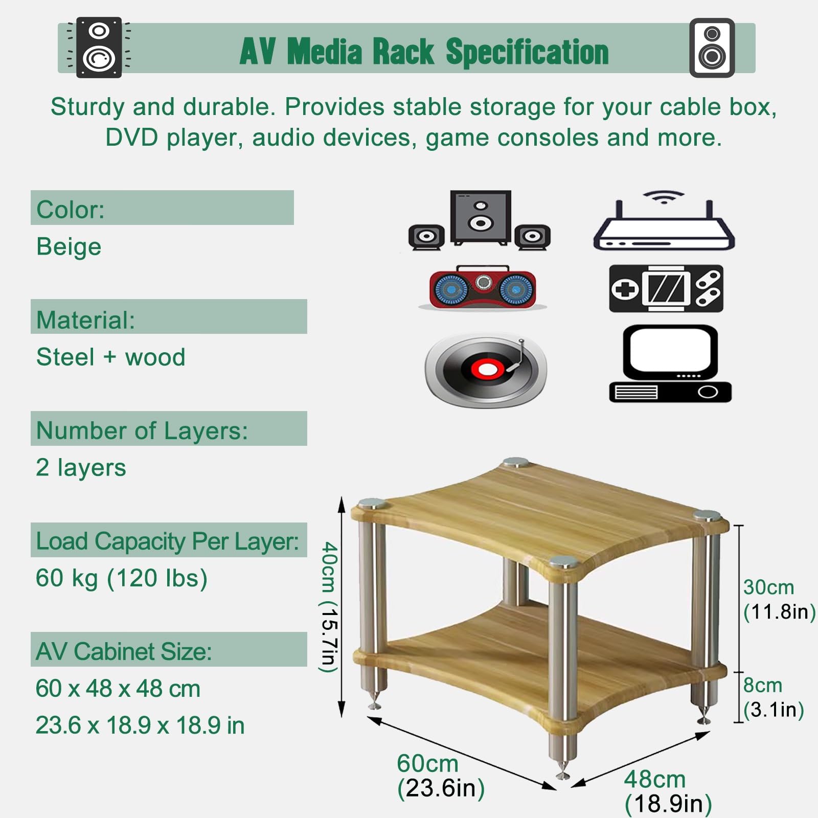 Mała przestrzeń Półka Media Stereo, 1 2 3 4 warstwy audio regały sprzęt szafki, rozrywkowe elementy stereo do kuchni, salonu, sypialni (beżowy, 60 x 48 x 40 cm)