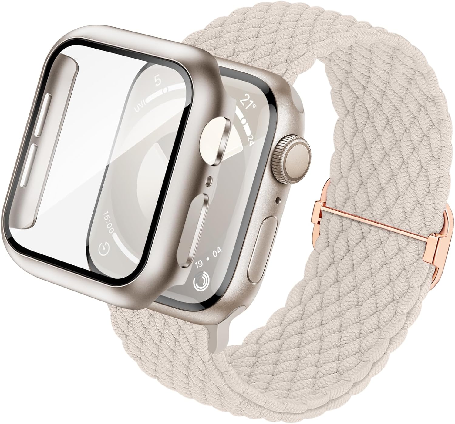 Pleciony pasek 3 w 1 kompatybilny z Apple Watch 40 mm, 41 mm, 44 mm, 45 mm, 42 mm, 46 mm oraz etui i osłona ze szkła hartowanego 9H do iWatch Series SE 10, 9, 8, 7, 6, 5, 4