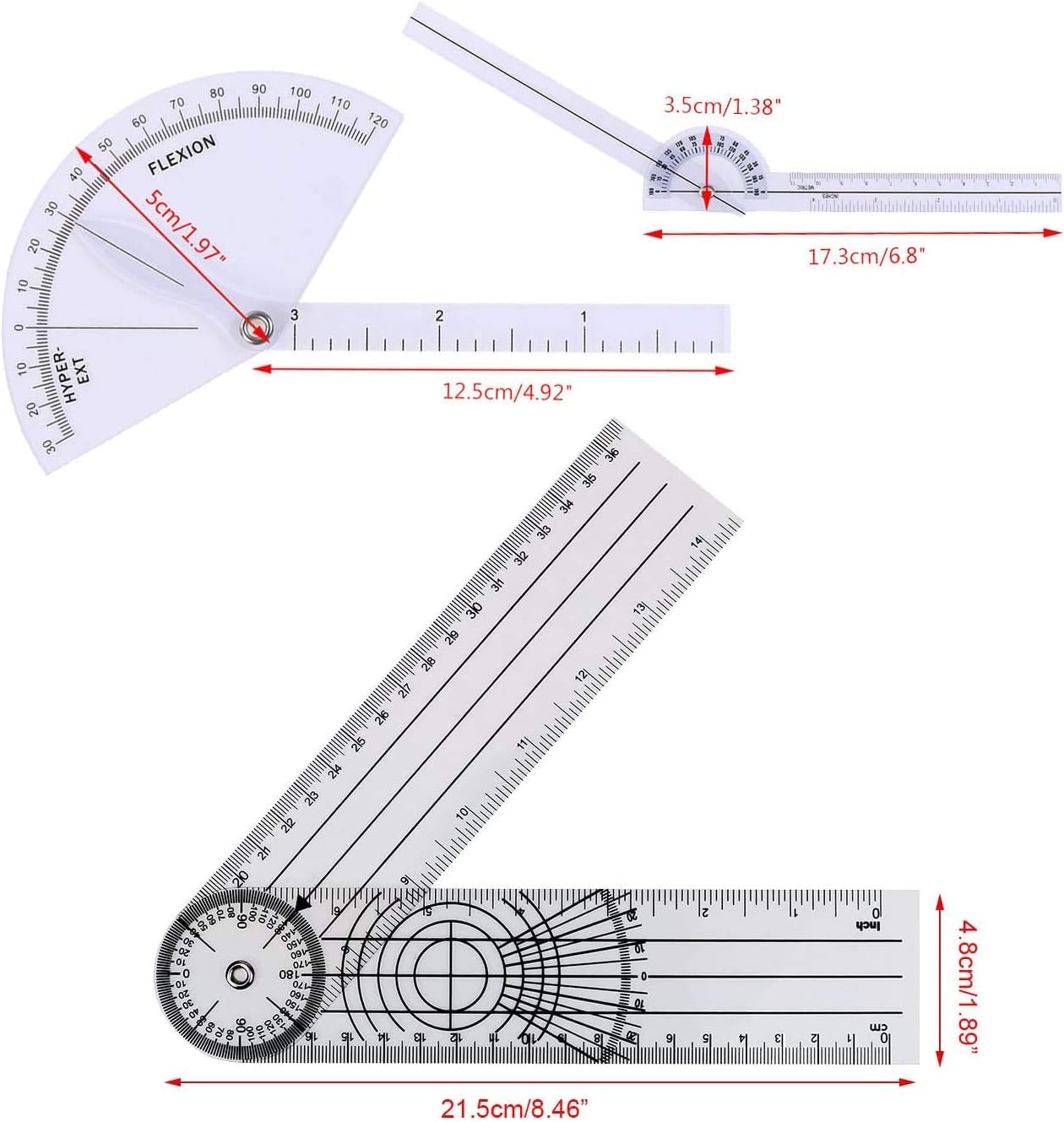 LBHMEI 6 Pcs Finger Goniometer, 6 8 12 Inch Angle Ruler Finger Goniometer, 360 Degree Goniometer Set Body Measuring Tape Goniometer Protractor Ruler