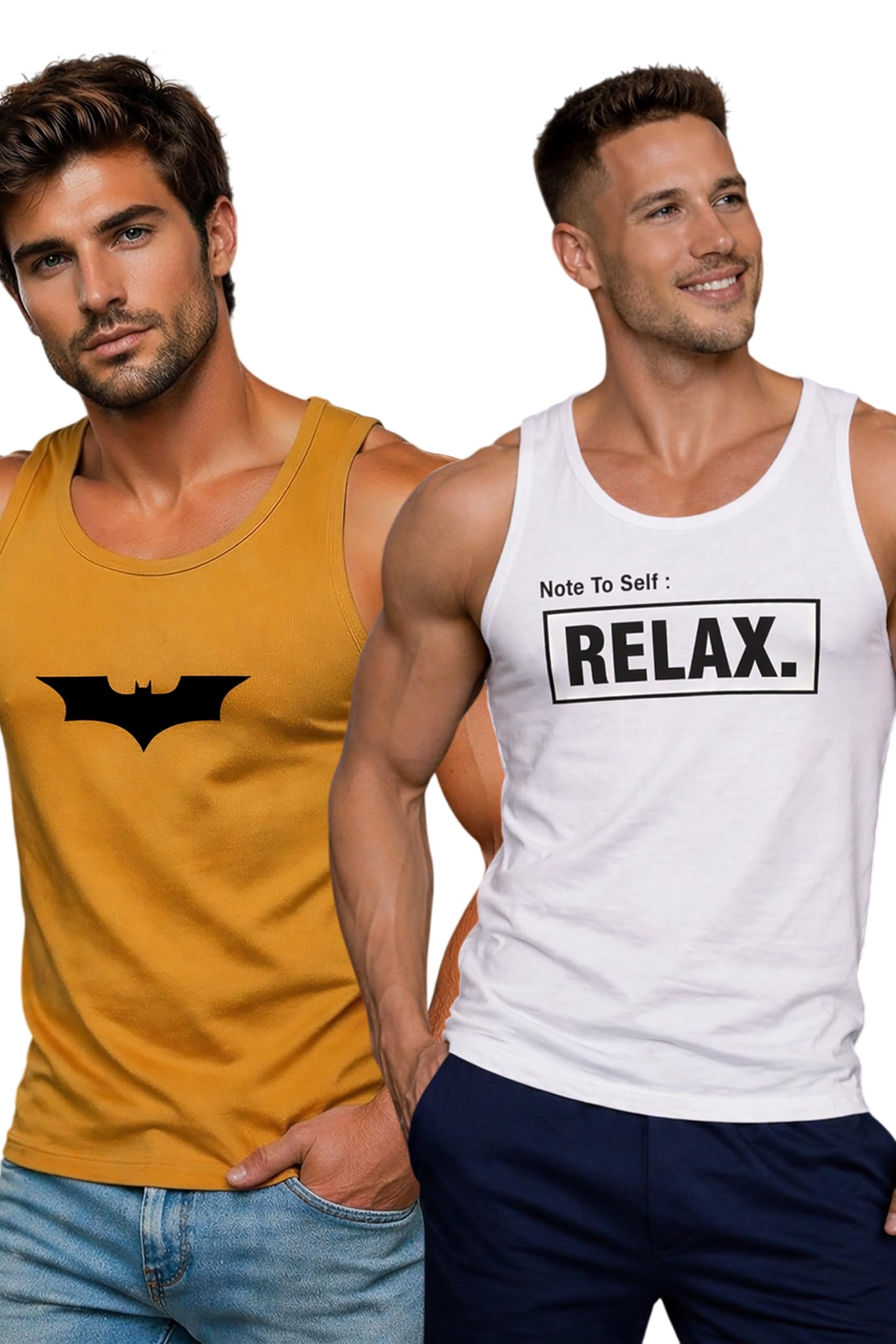 Polyester Letter Printed Vest for Men - Pack of 2 - White & Mustard | Round Neck | Sleeveless | Regular Fit | Summer & Gym Wear Tank Top for Men-image-27