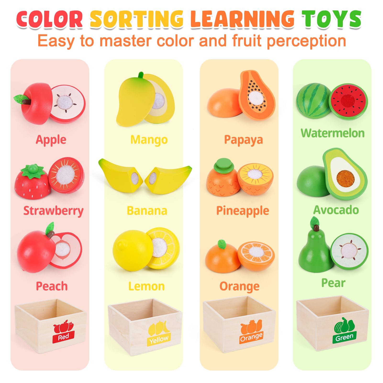 ATOYUS Wooden Play Food Set Toys for Toddlers 1-3, Kids Toy Play Kitchen Accessories, Velcro Cutting Fruits Pretend Food with Storage Boxes, Christmas Birthday Gifts for 1 2 3 Year Old Baby Boys Girls