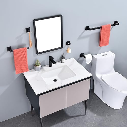 Miniatura 3 de Juego de accesorios de baño negro montado en la pared, juego de 5 piezas de barra de toalla de acero inoxidable negro juego de accesorios de baño
