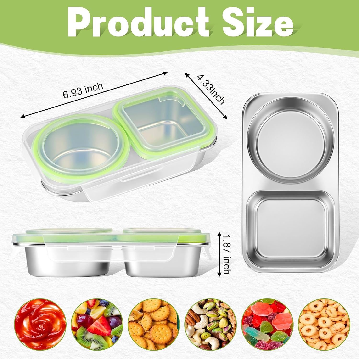 Blushtier 2 Pack Stainless Steel Snack Containers 2 Compartment, Green