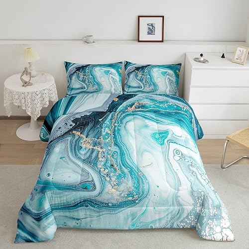 Juego de edredón de arte abstracto, color verde azulado, azul, dorado, textura de mármol, juego de edredón de lujo natural para niños y niñas,