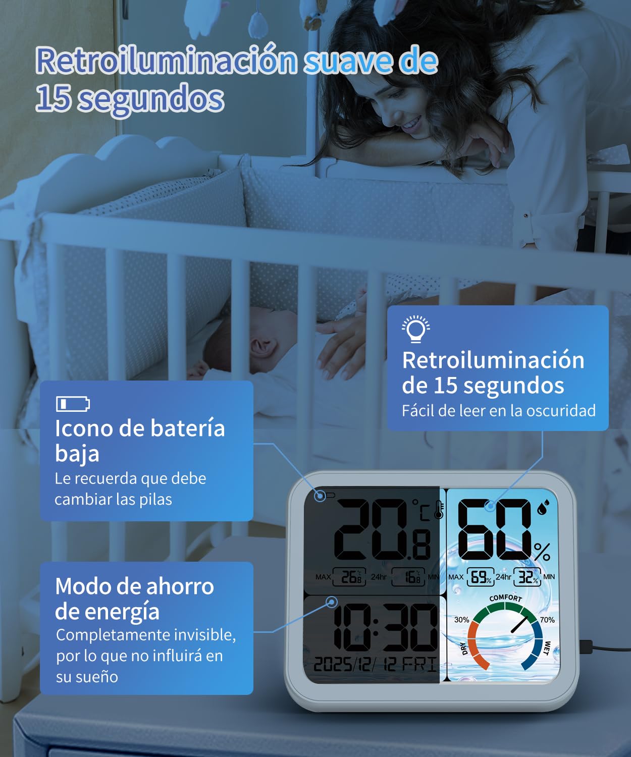 VOCOO Termómetro higrómetro digital interior – 5,8 pulgadas, pantalla extra grande, medidor de humedad preciso, termómetro de habitación con calibración, registros máximos mínimos, comodidad