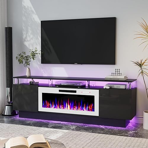 Miniatura 19 de Soporte de TV con chimenea de 36 pulgadas, soporte de TV negro de 70 pulgadas para sala de estar, moderno soporte de TV con chimenea eléctrica con