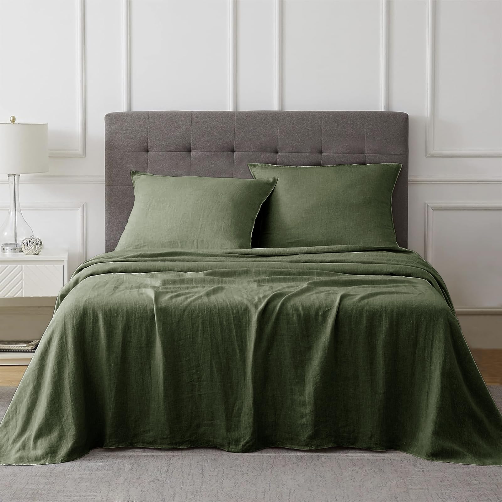 Talasily Linen Sheets-Queen Size Sheets Set,Blend from Linen Cotton Bedsheets,All Seasons Soft Breathable 4 Piece Set-Mossy Green