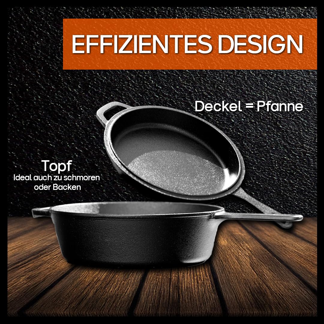 Cooker 2126-2 in 1 gusseisener Multikocher: Kochtopf und Bratpfanne - geeignet für Grill, Elektroherd, Backofen, Induktionsherd, Gasherd