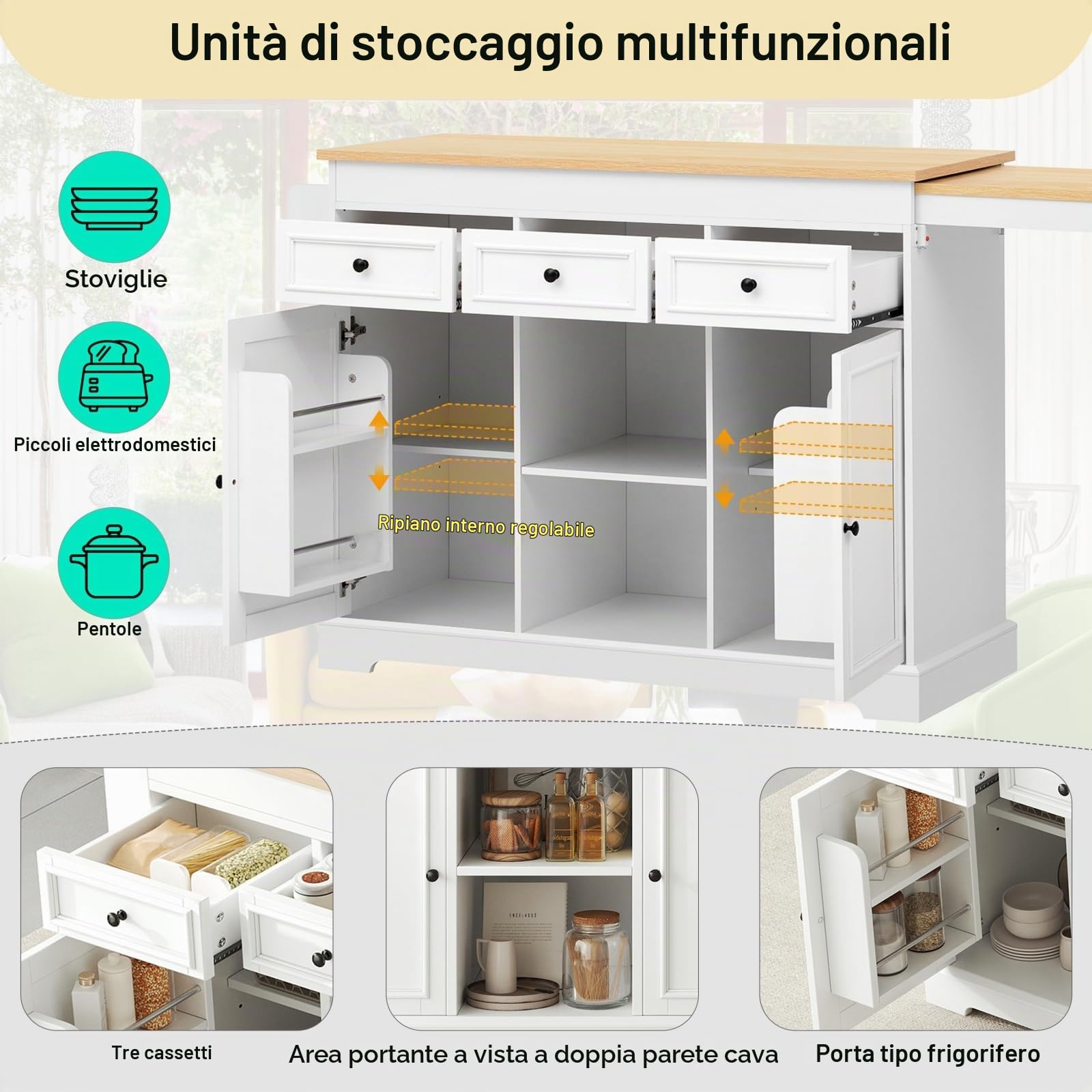 YEHTOKHOME Isola centrale cucina con spazio di lavoro 112-188 cm
