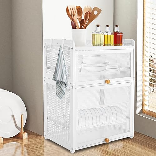 Miniatura 3 de Armario para platos de encimera, 3 niveles pequeño de cocina, armario de almacenamiento con puerta abatible y ganchos, bandeja de goteo desmontable