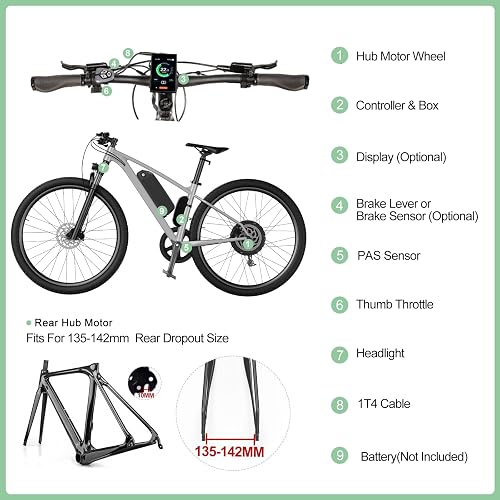 Varstrom 48V 1000W Electric Bike Conversion Kit -28" 29" 700C Ebike Rear Wheel Hub Motor Kit with DZ40 Display -Mountain Bike Bicycle Conversion Kit for Cassette Disc Brake Brushless Gearless Motor - 7