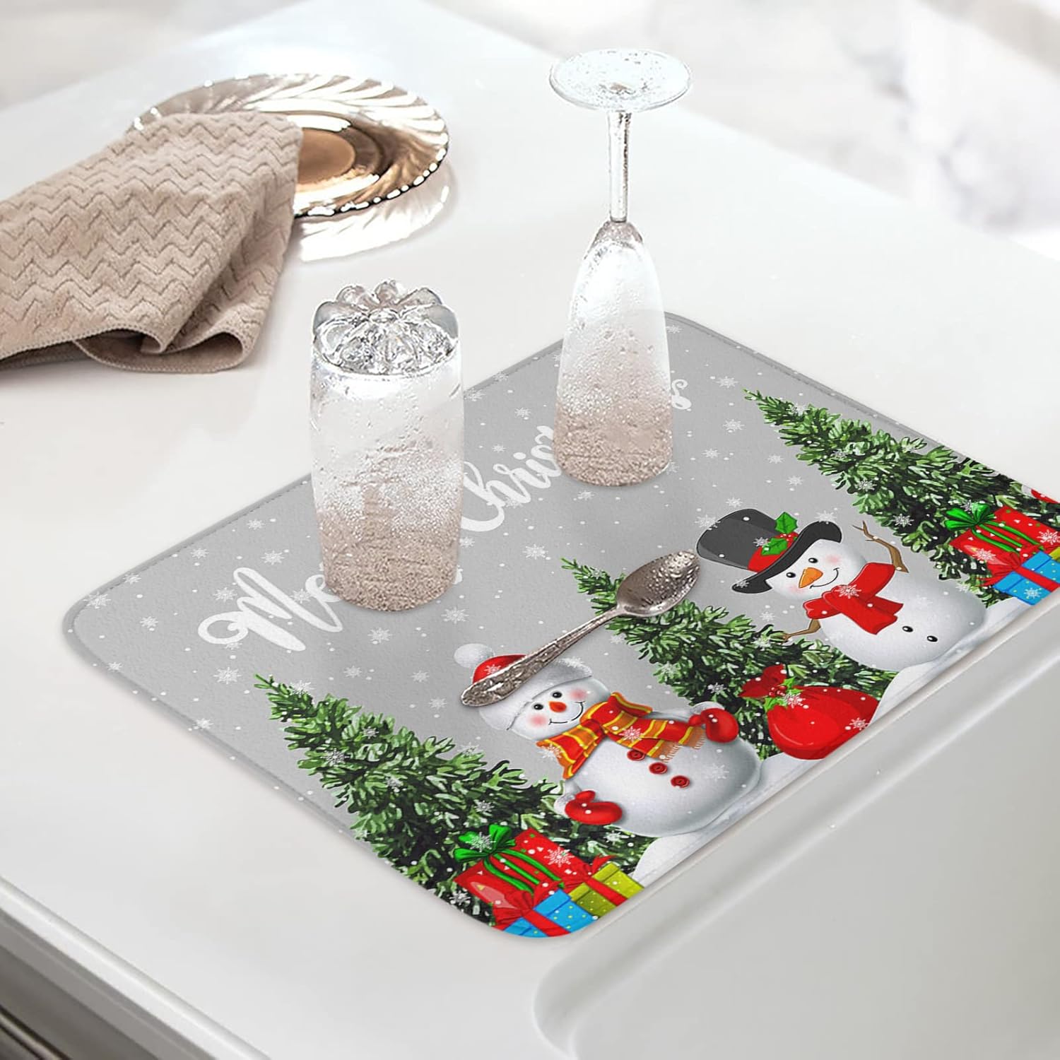 Dish Drying Mat for Kitchen Counter,Christmas Snowman Tree Gift Absorbent Dish